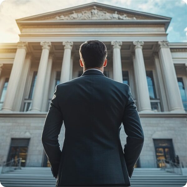 Attorney standing in front of court house