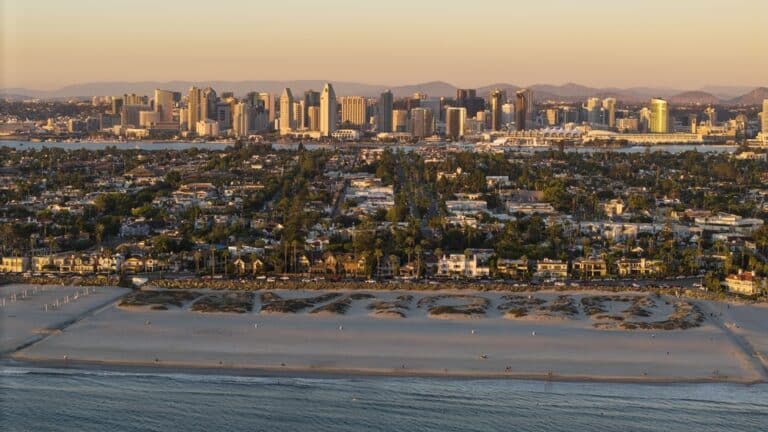 Hotel Del Coronado in San Diego, aerial drone shot of iconic location.