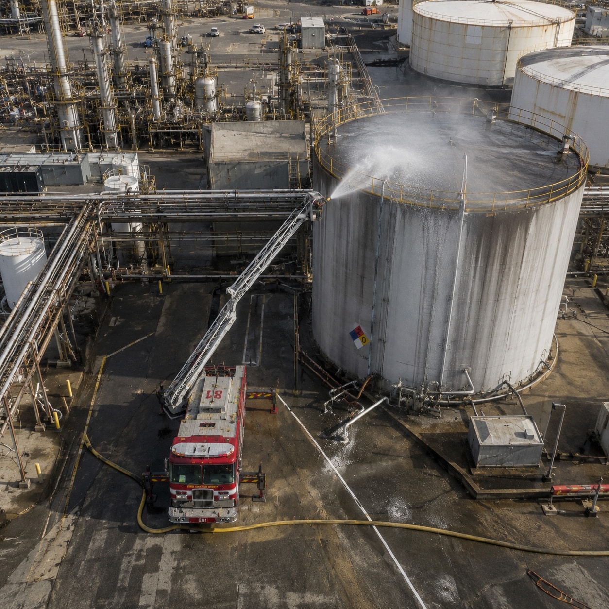 Fire fighters throwing water at a tank on a chemical plant