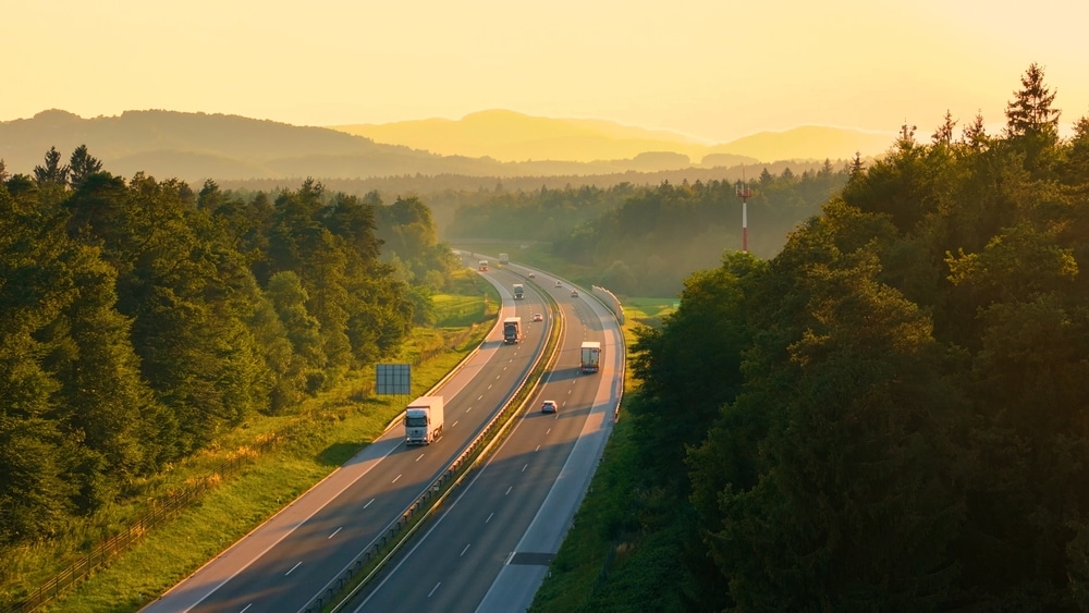 Highway leads through beautiful wooded landscape dappled in golden light. Trucks and cars driving along motorway when first morning rays illuminate countryside overgrown with lush forest.