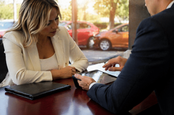 Client reviewing car accident claim details with a Newport Beach car accident lawyer.