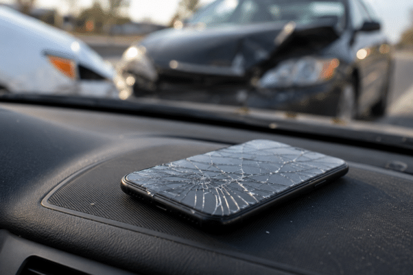 Cracked phone screen on a car dashboard following a distracted driving accident in Newport Beach.