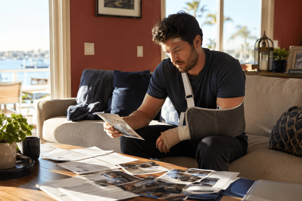 An injured driver reviewing photos and documents collected at the scene after a hit-and-run accident in Newport Beach.