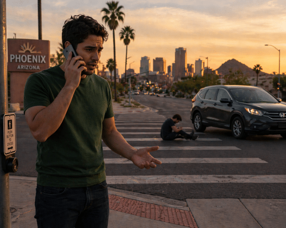 Man calling a pedestrian accident attorney after a person is hit by a car in a crosswalk.