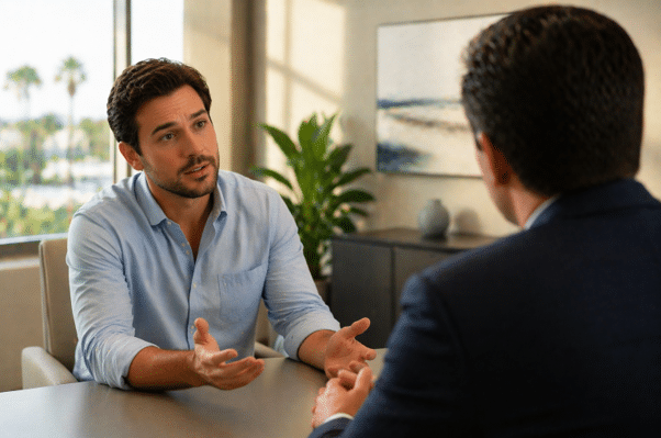 Client asking questions during a consultation with a Newport Beach car accident lawyer.