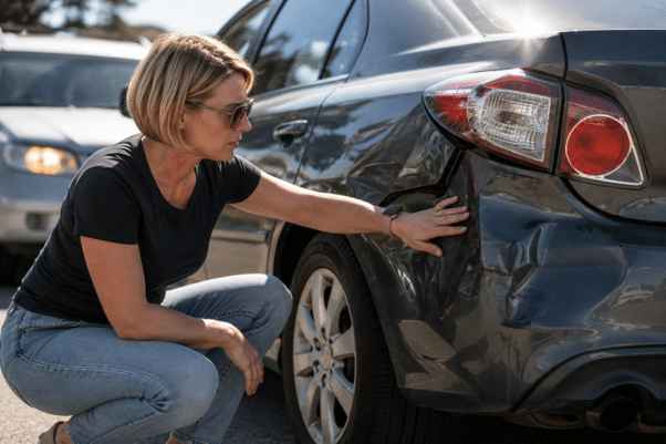 Driver inspecting rear-end collision damage after a crash in Newport Beach.