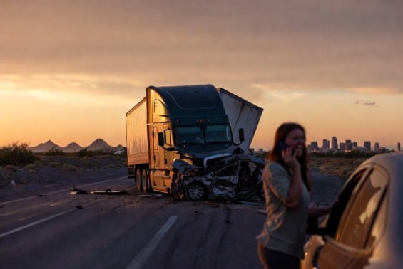 Woman calling a Phoenix truck accident attorney after a truck and car collision on a roadway.