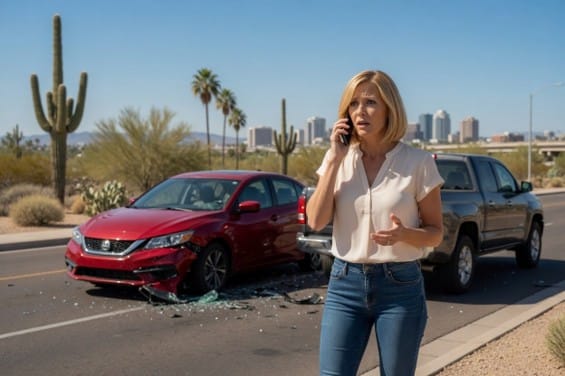 Person on phone after a car accident in Phoenix with damaged vehicles in the background.