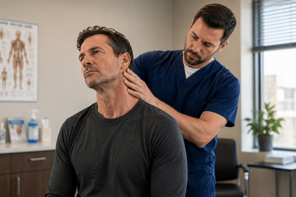 Patient receiving a neck exam after a minor car accident in Phoenix.