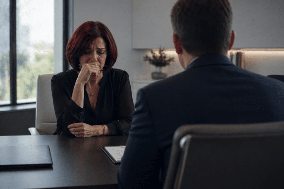 Grieving woman consulting with a Phoenix wrongful death lawyer.