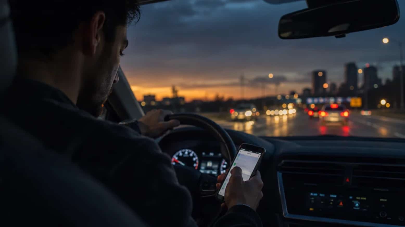 Driver looking at phone while driving at dusk
