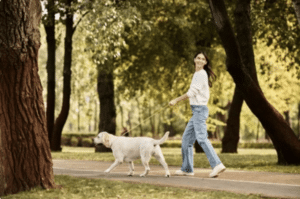 A woman walks her dog on a leash in a park, unaware of what to do after a dog bite.